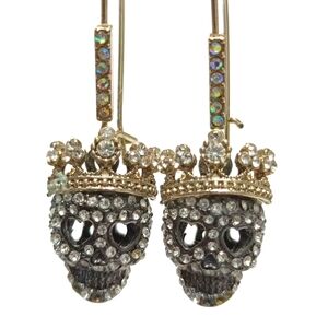 Gothic Skull Crown Gold and Silver Dangle Drop Earrings with Crown Queen King